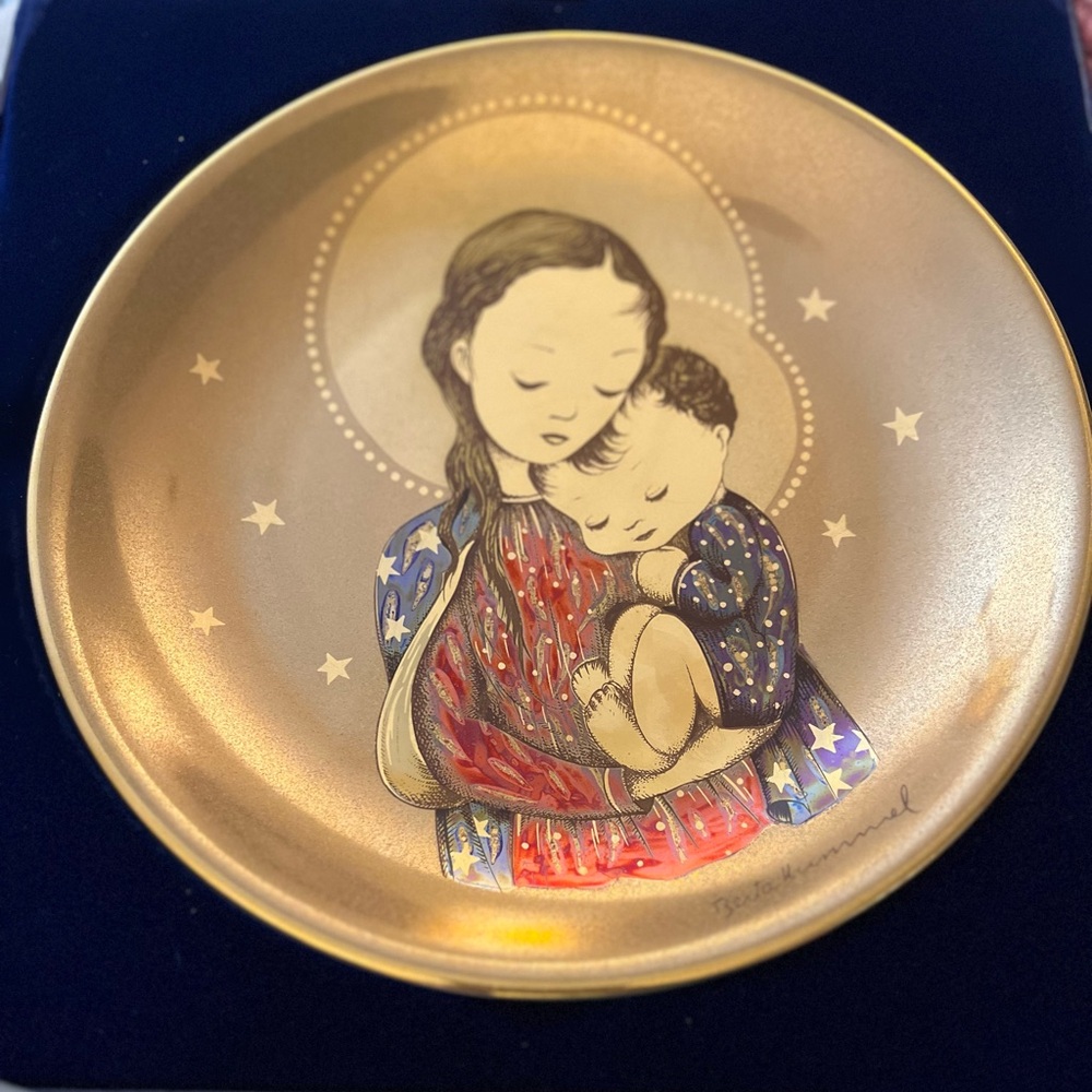 1965 Gold Decorative Plate with Mother and Child Design by Berta Hummel this is